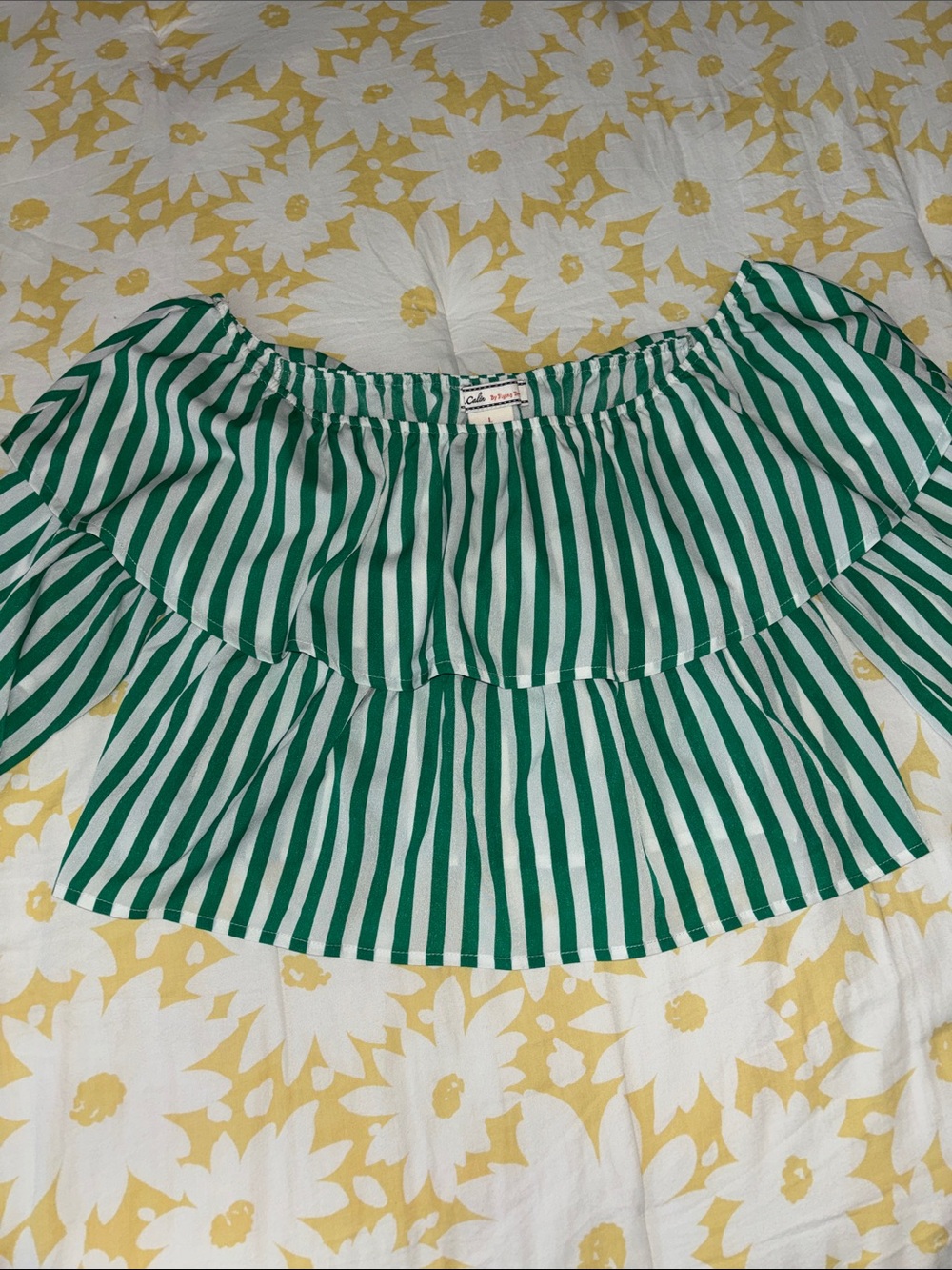 Flying Tomato Green and White Striped Cropped Off-Shoulder Top